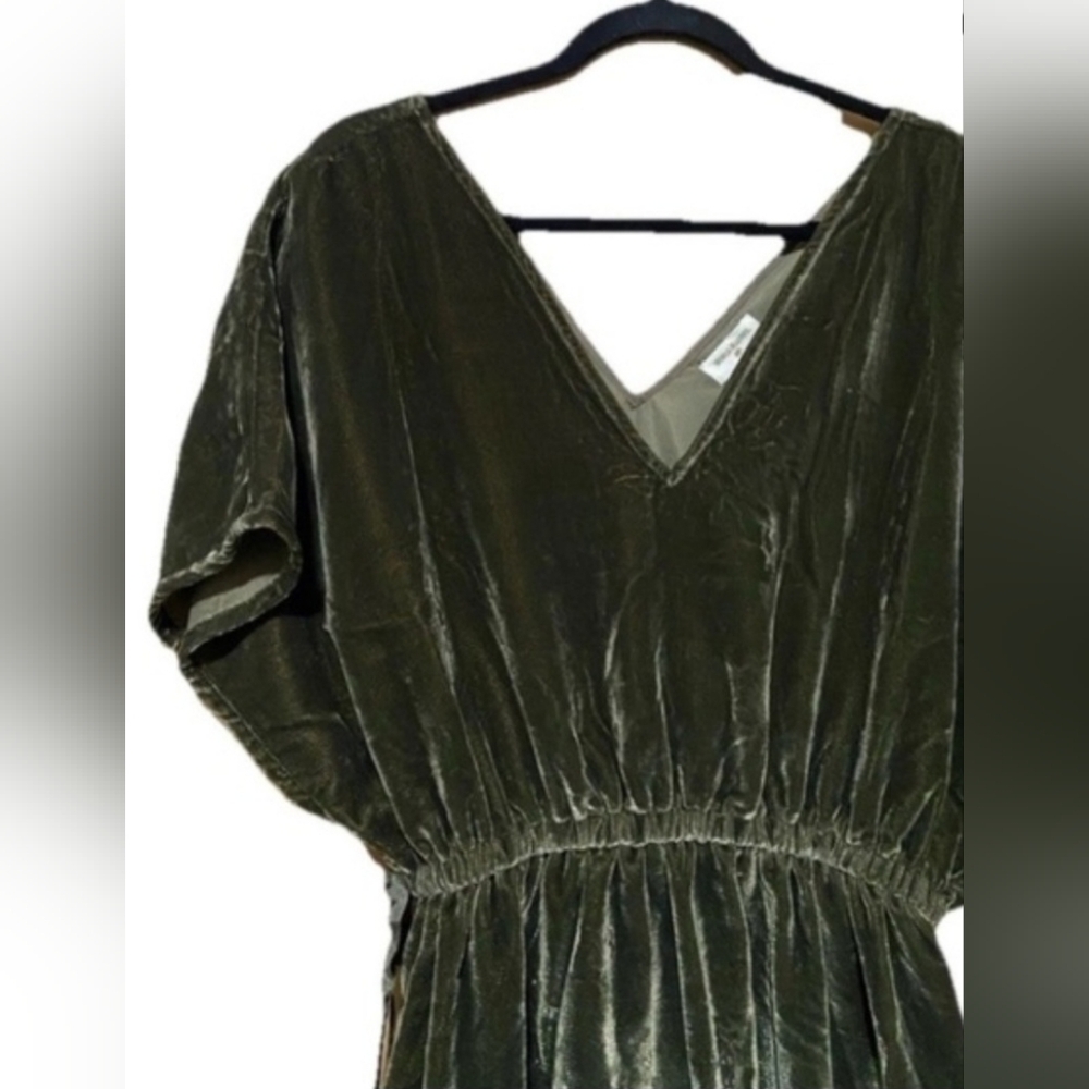 Anthropologie Style Velvet Green Midi Dress Size L/XL Empire Waist w/Pockets - Picture 5 of 8